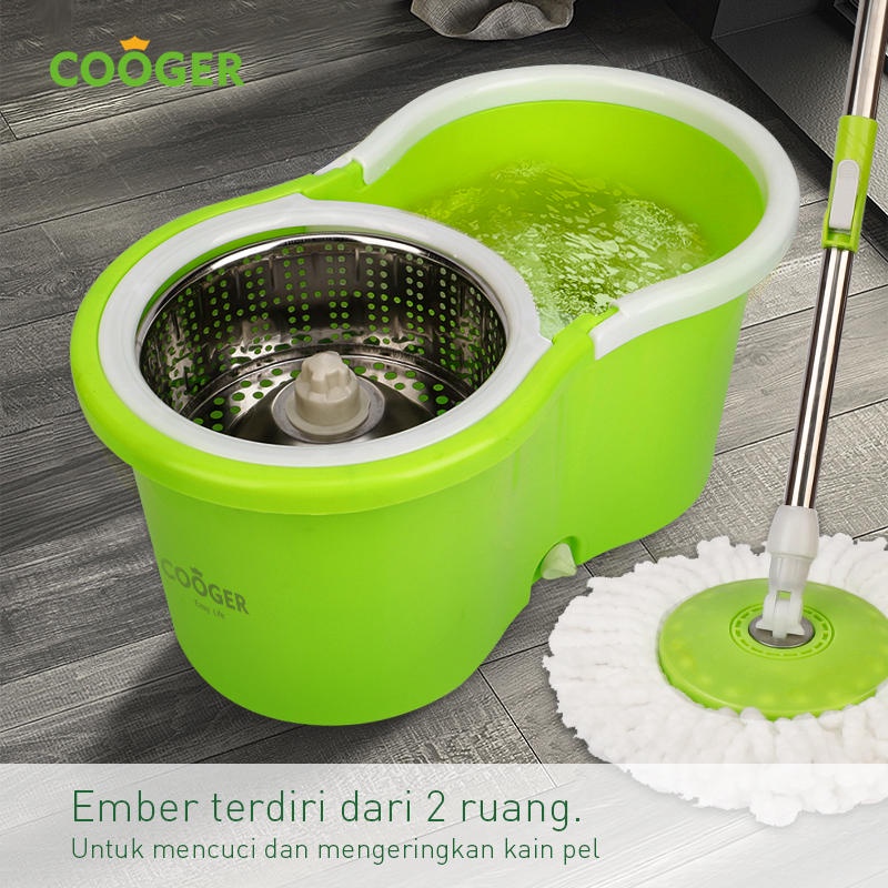 COOGER Spin Mop Alat Pel Lantai Microfiber Dapat Berputar 360 Derajat Otomatis Dengan Bak Wadah Air Pel Dilengkapi Pemerasan