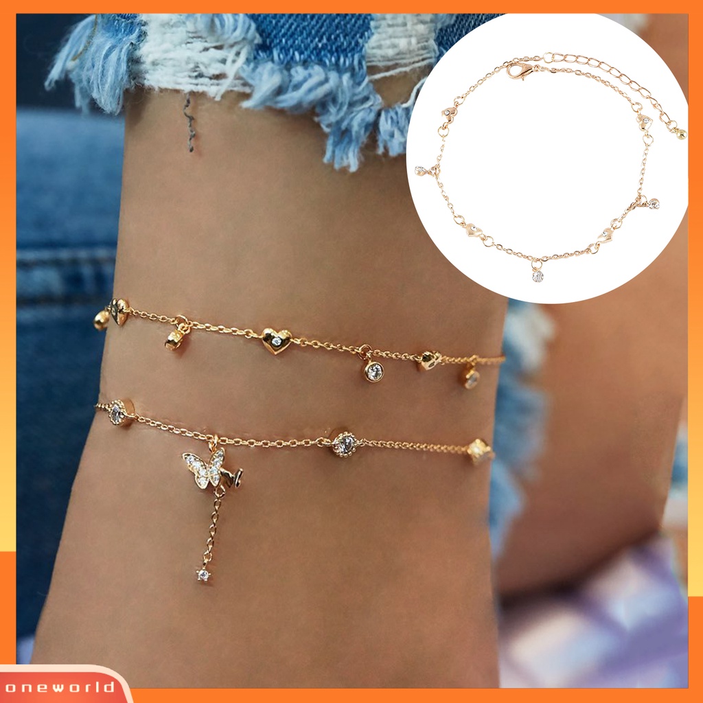 [WOD] Wanita All-match Kupu-Kupu Kecil Hati Berlapis Ganda Gelang Kaki Perhiasan