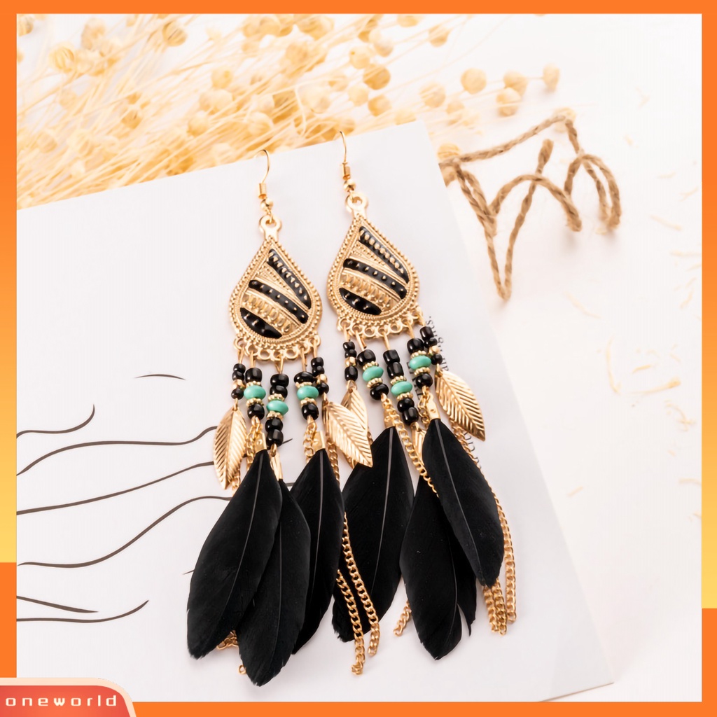 [WOD] 1pasang Anting Kait Manik-Manik Bulu Perhiasan Anting Menjuntai Vintage Panjang Untuk Perjamuan