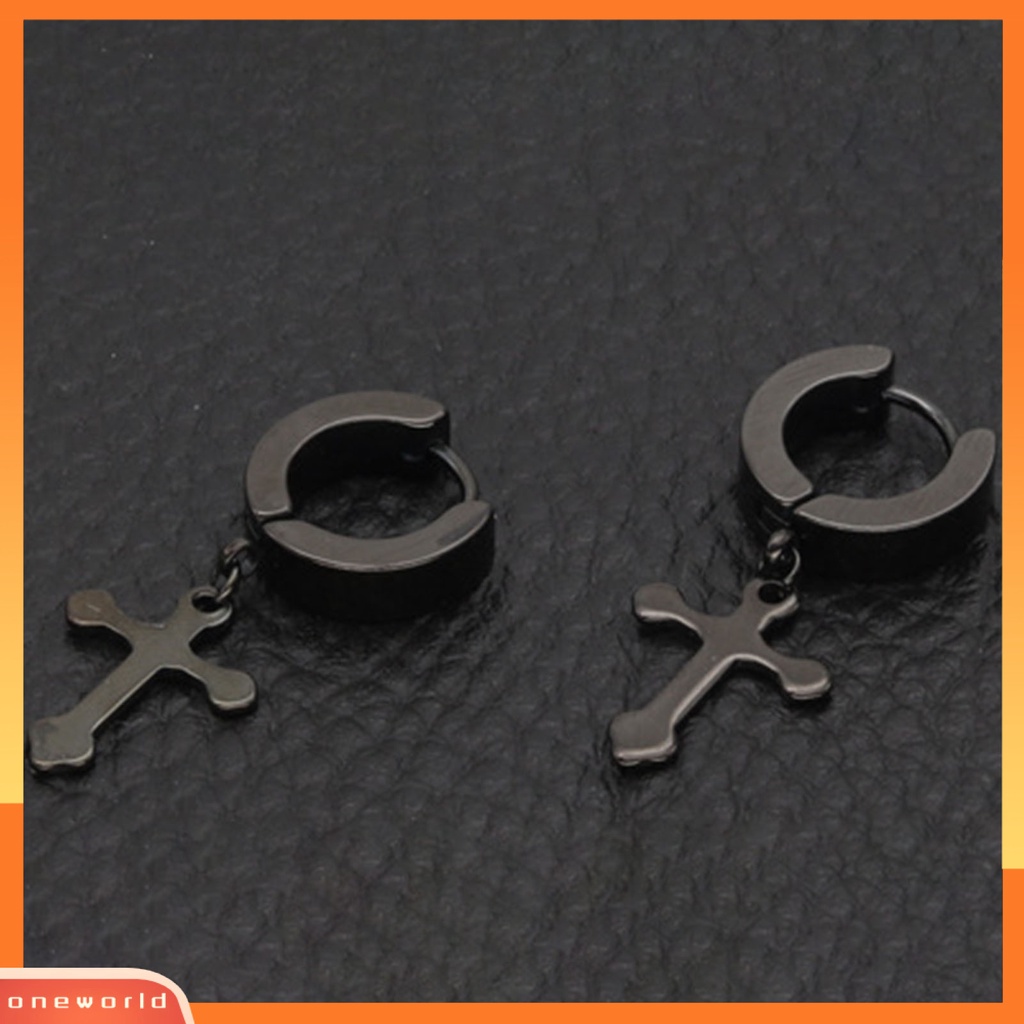 [WOD] 1pasang Anting Salib Menjuntai Tahan Lama Gaya Liontin Baja Titanium Pria Wanita Dewasa Liontin Salib Hoop Earring Untuk Pesta