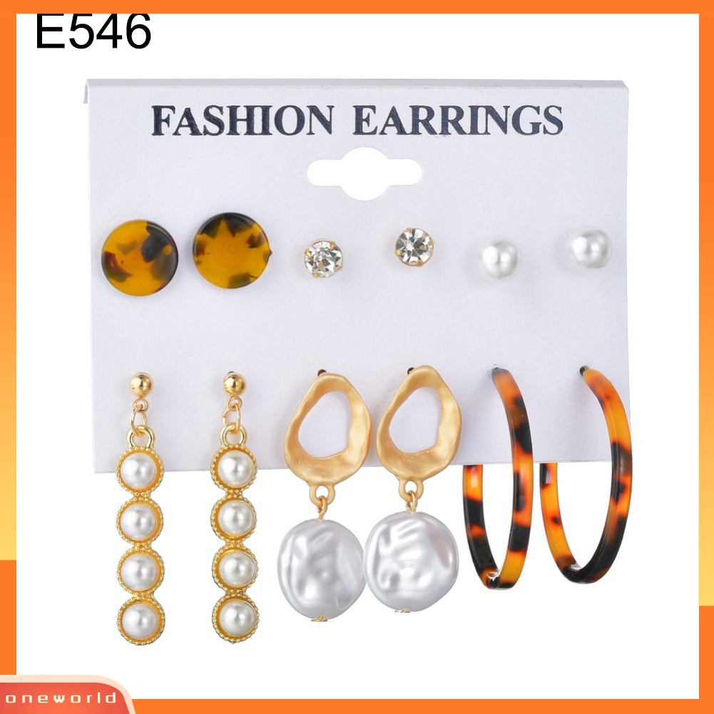 [WOD] 6pasang Wanita Mutiara Imitasi Rumbai Geometris Menjuntai Ear Studs Hoop Earrings Jewelry