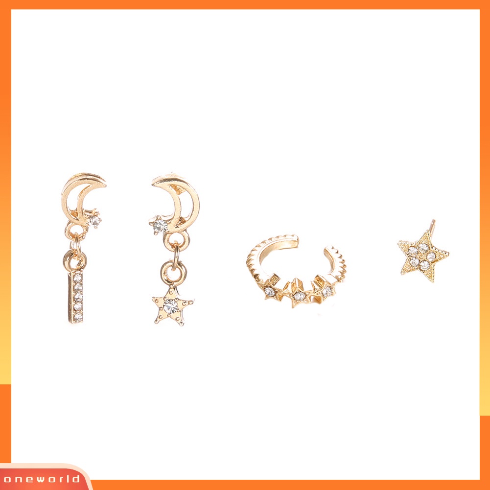 [WOD] 4pcs/set Bohemian Berongga Bulan Bintang Persegi Panjang Pesona Berlian Imitasi Telinga Stud Earrings