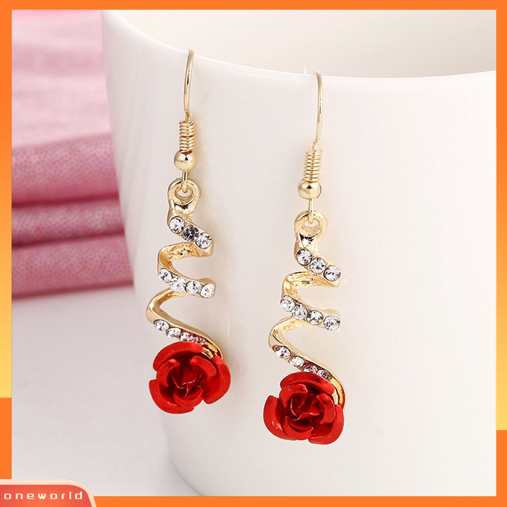 [WOD] 1pasang Anting Wanita Mawar Merah Besar Berlian Imitasi Spiral Menawan Anting Kait Untuk Hadiah