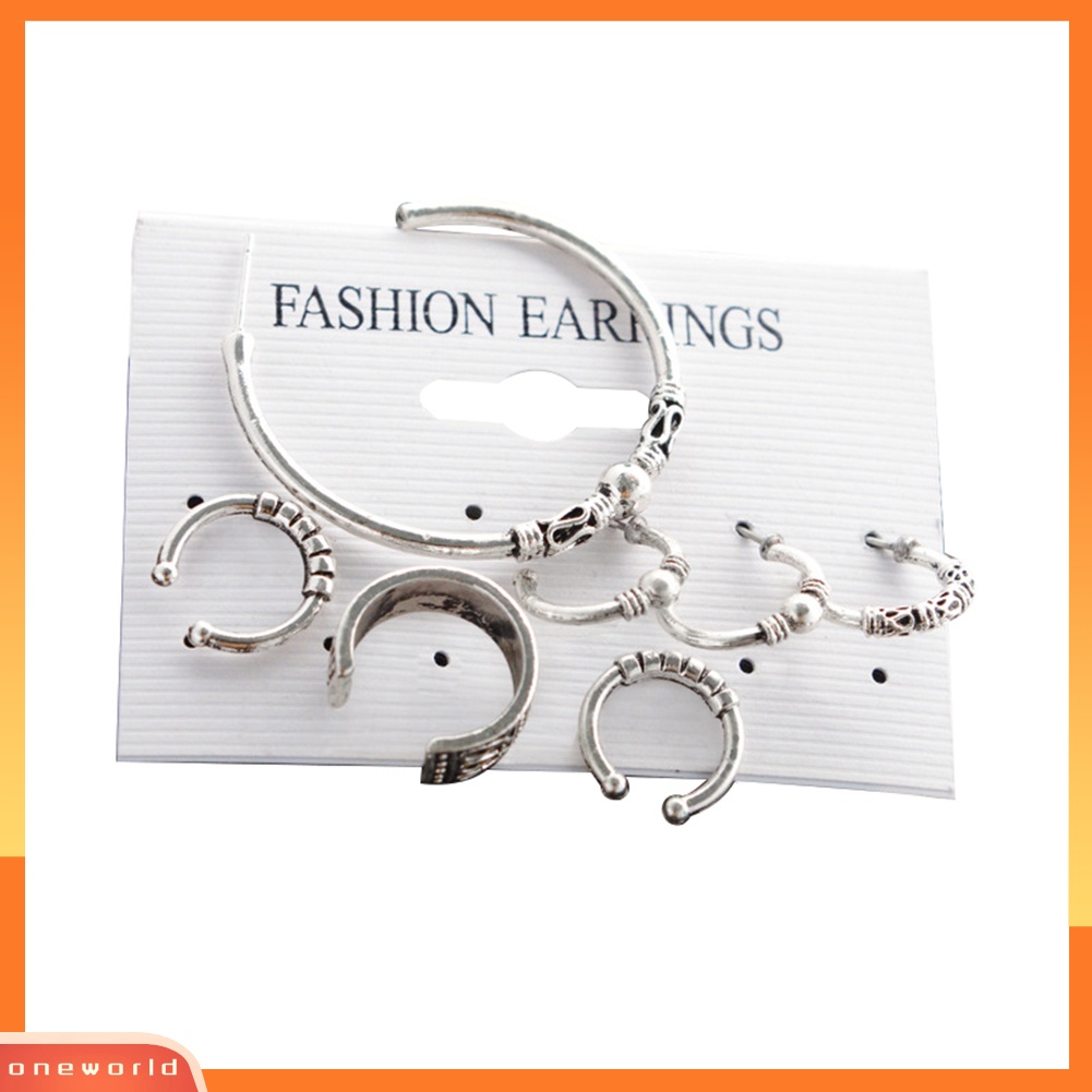 [WOD] 7pcs Boho Wanita Retro Manik-Manik Ukir Bentuk C Alloy Hoop Earrings Set Perhiasan