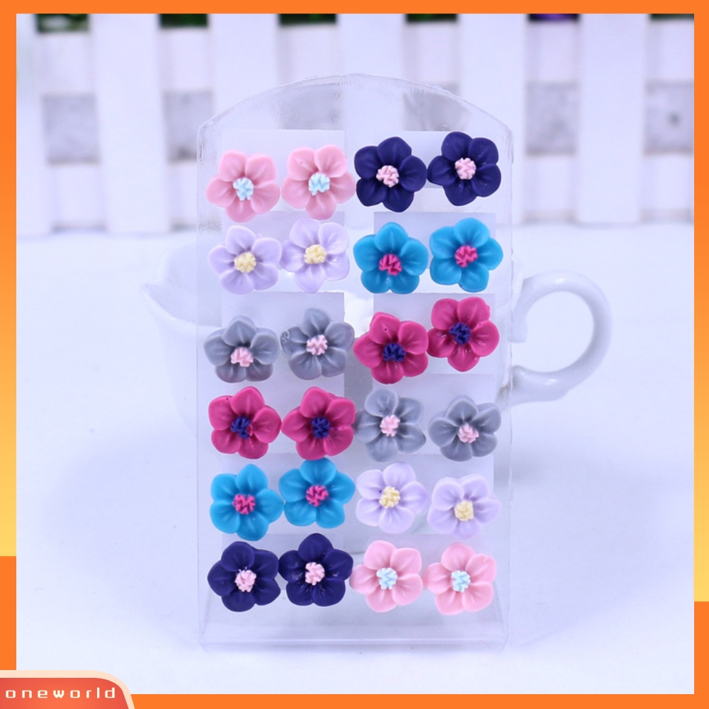 [WOD] 12pasang Fashion Multicolor Resin Bunga Telinga Stud Anting Set Perhiasan Wanita