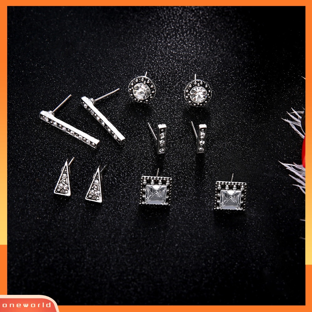 [WOD] 5pasang Boho Wanita Berlian Imitasi Kotak Bulat Persegi Panjang Segitiga Stud Earrings Set