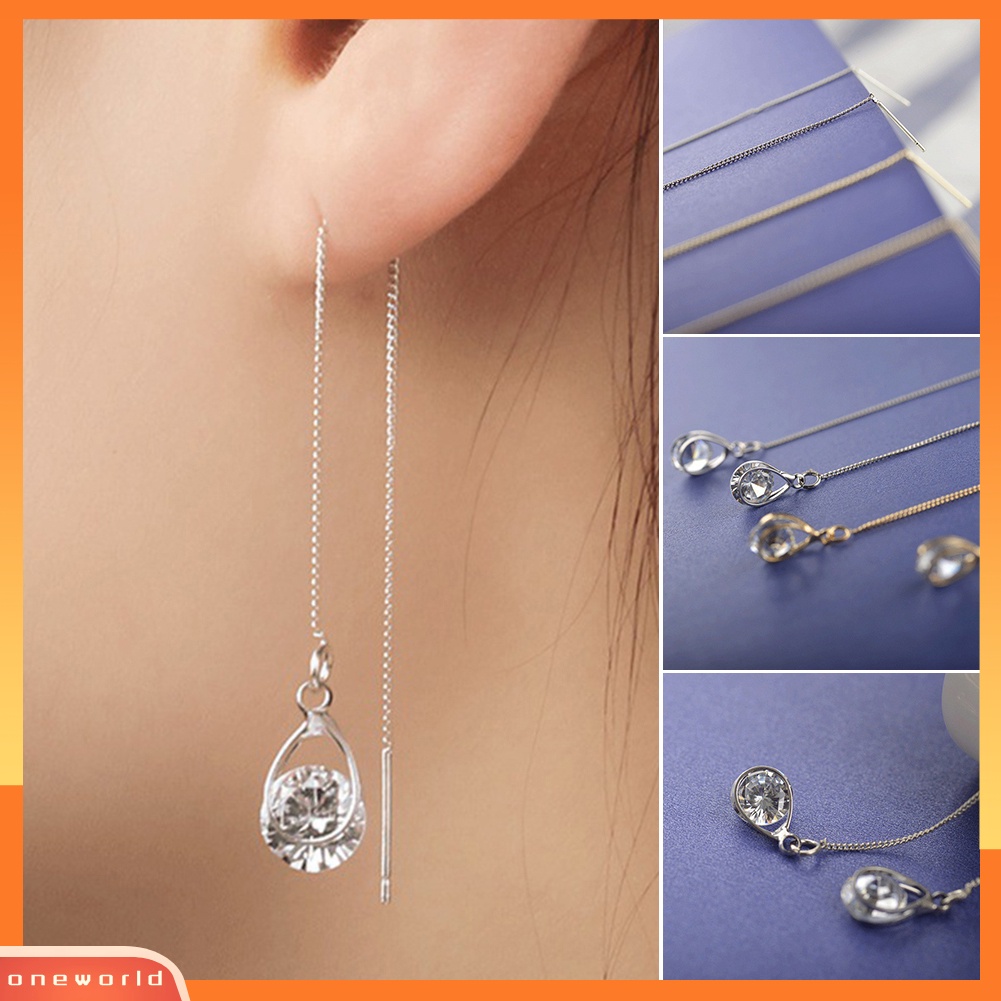 [WOD] Wanita Teardrop Cubic Zirconia Threader Rantai Panjang Garis Benang Menjuntai Anting