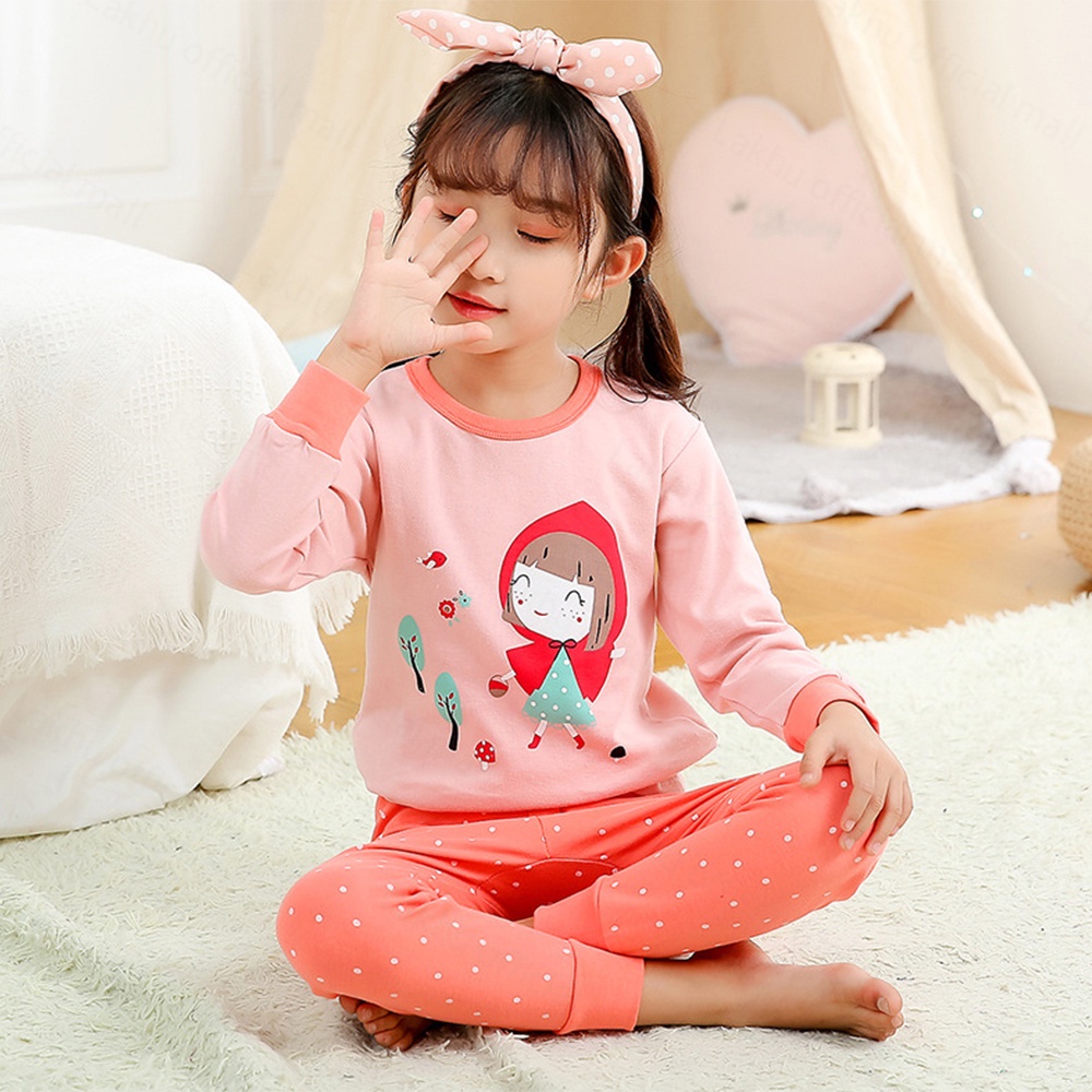 Lakhu Baju Tidur Anak Setelan Set Piyama Bayi Anak Lengan Panjang Bahan Lembut Import