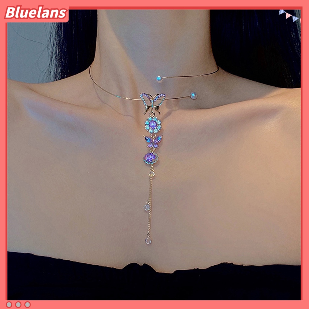 [BLS] Wanita Kupu-Kupu Berlian Imitasi Rumbai Adjustable Kerah Kalung Liontin Choker