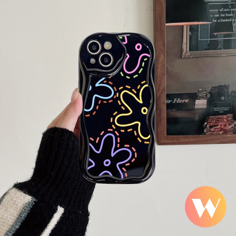 Casing Tepi Melengkung Bergelombang 3D Kompatibel Untuk IPhone 7Plus 8Plus 14 12 13 Pro Max 6s 6 7 8 Plus X XS Max SE 2020 11 Pro Max XR Art Retro Black Fresh Flowers Glossy Shockproof Soft Cover