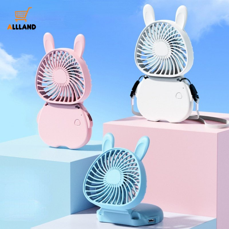 Kipas Genggam Bentuk Kelinci Dengan Lanyard Leher Gantung/ USB Rechargeable Foldable Desktop Mini Cooling Fan