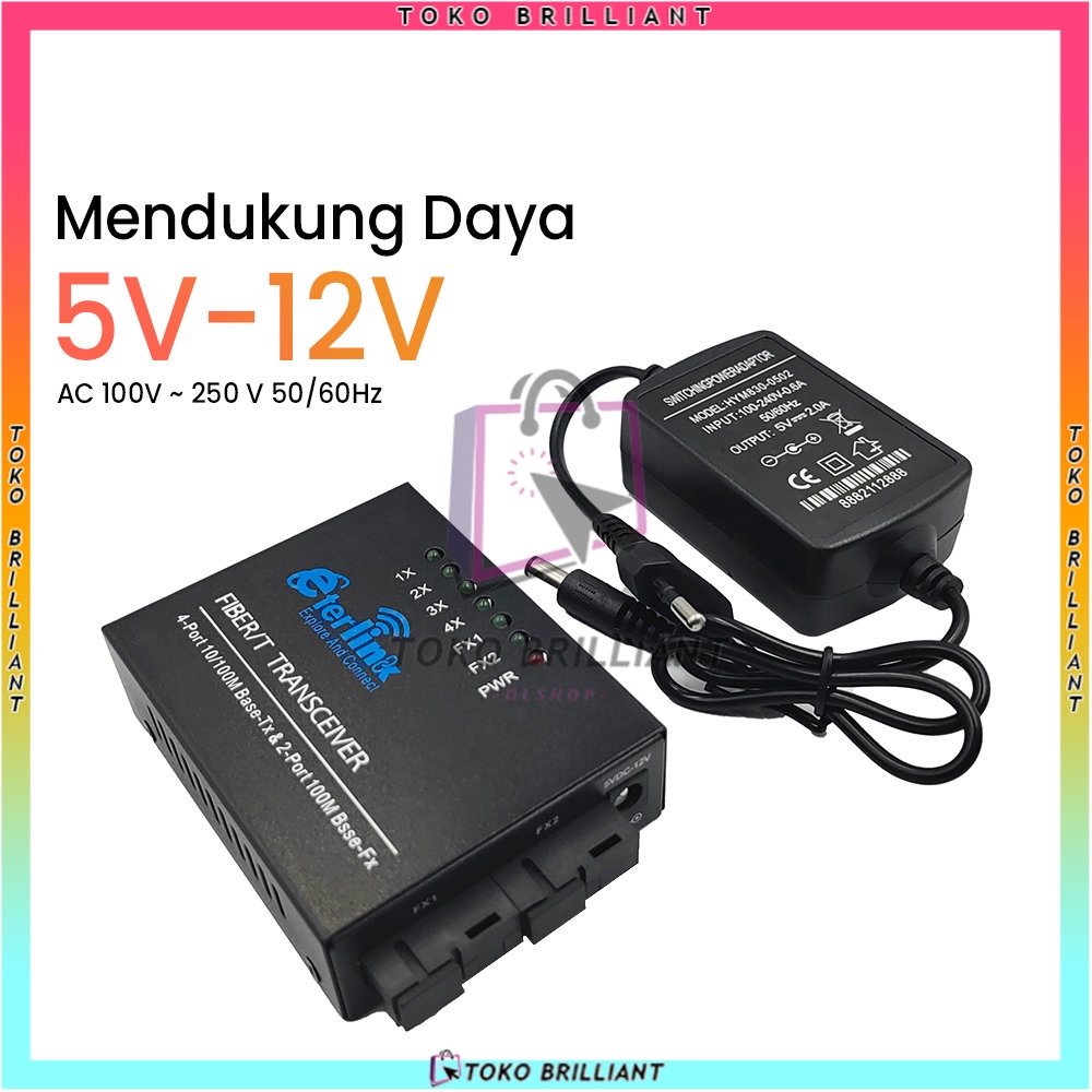 【Support POE】10/100Mbps 2F4E Fiber Converter Switch Single Mode Fiber Switch Bisa COD 5V-12V Power