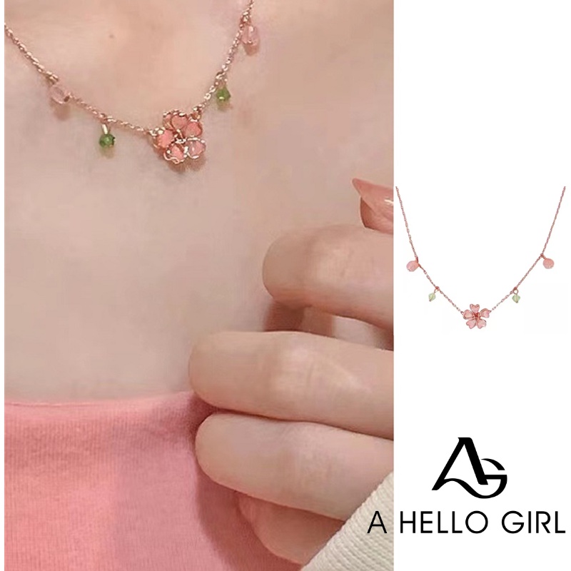 Ahellogirl Cherry Blossom Kalung Wanita Musim Panas Desain Sensasi Niche Liontin Kristal Bunga Merah Muda Mewah Manis Sangat Halus Rantai Klavikula