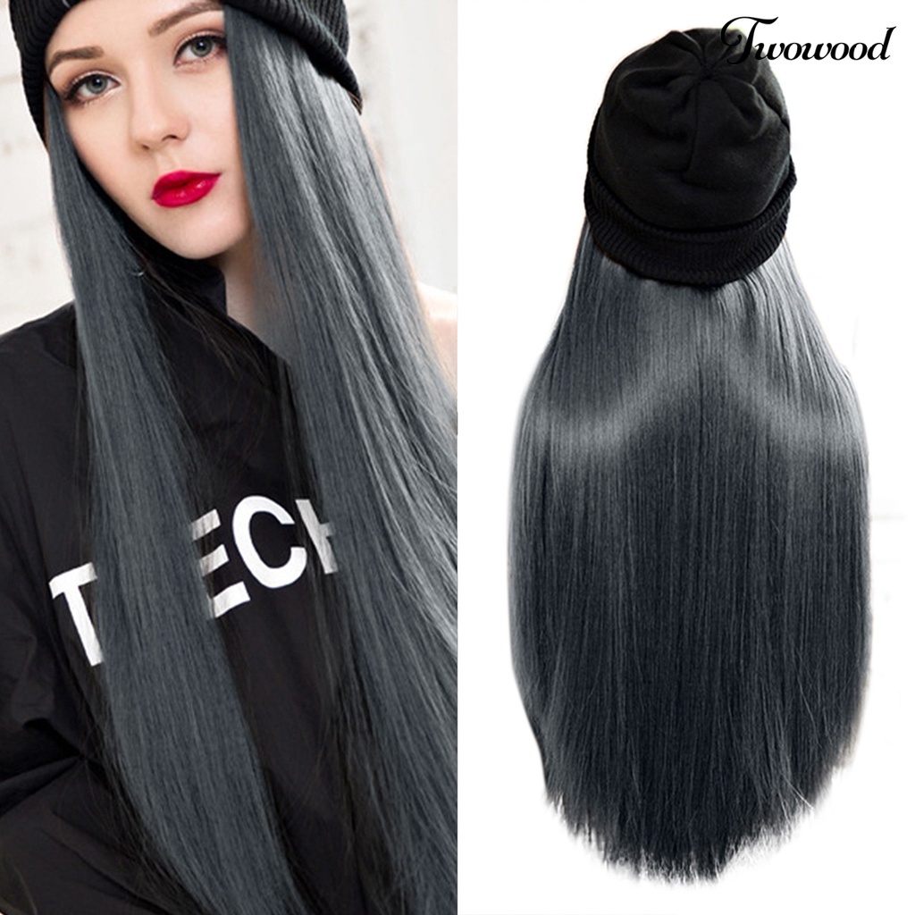 Twowood Wanita Wig Bahan Mesh Dalam Halus Dengan Topi Beanies Hat Wig Rajut Lurus Untuk Perempuan