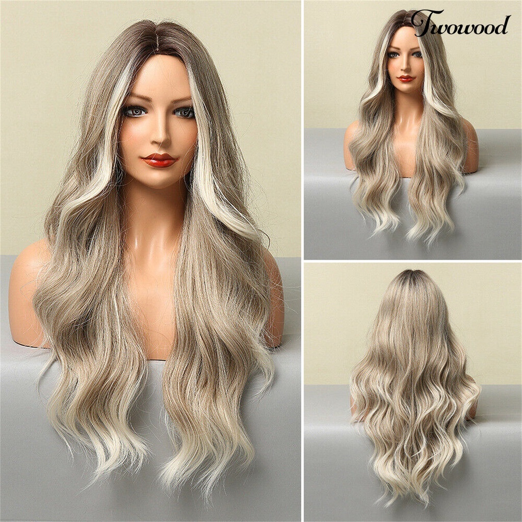 Twowood Wig Keriting Panjang Universal Halus Ringan Medium Split Long Smoky Grey Gradient Blonde Wig Untuk Rumah