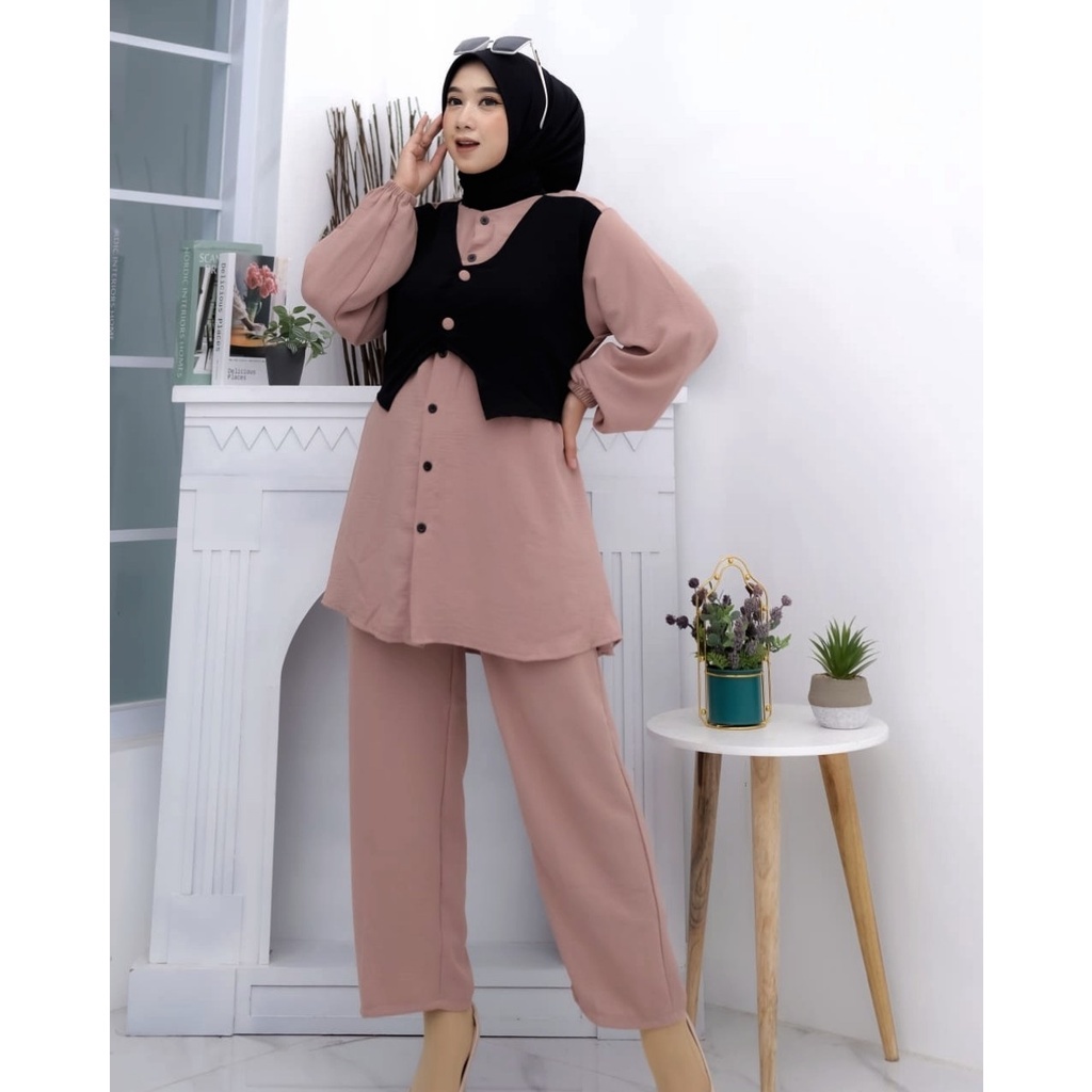 Artha Set Wanita Muslim Cringkle Polos Basic l Setelan Celana 2in1 All Size XL Besar OOTD Casual Daily