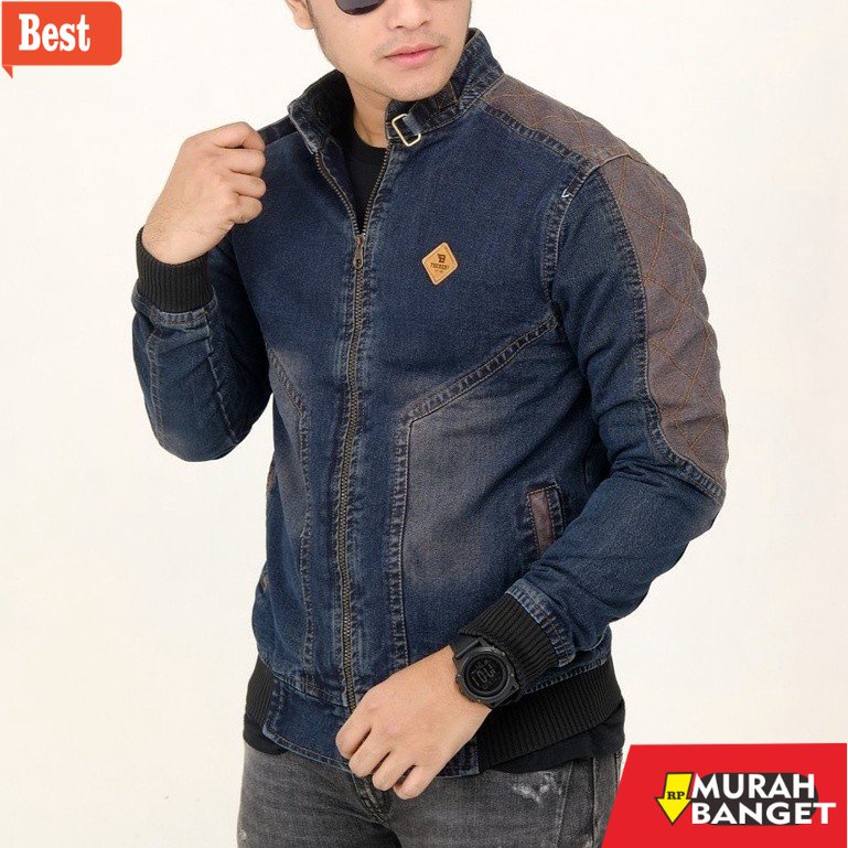 Jaket kulit pria terbaru- Jaket Denim Logo Kulit Kerah TB Original THE BERRY / Jaket Denim Pria / Ja