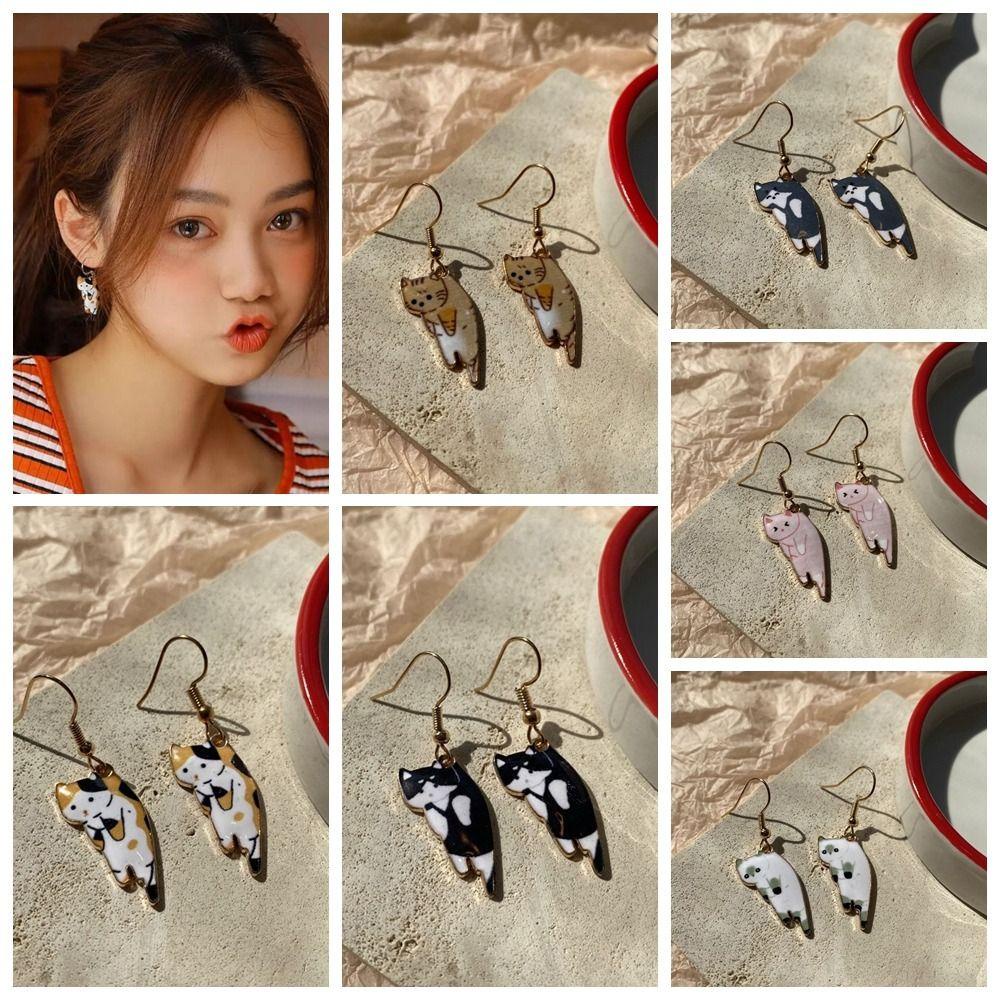 NEEDWAY Needway Lucu Kitten Ear Hook Tekstur Warna Solid Korea Menjuntai Anting Pesta Temperamen Lady Anting Hewan