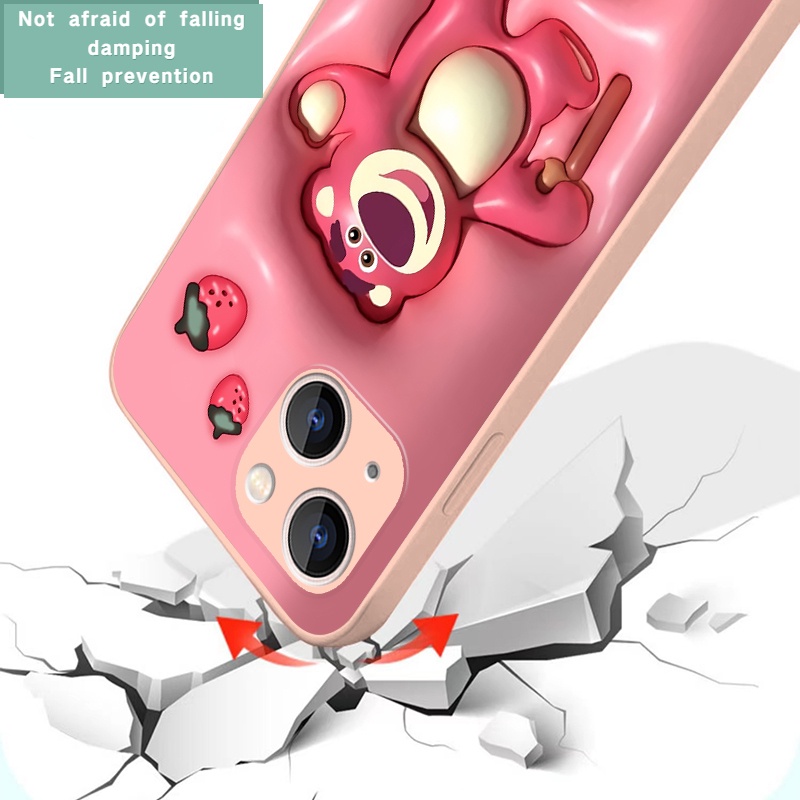 IPHONE Casing Keras Kaca Beruang Strawberry Kartun Datar 3D Cocok Untuk Iphone14 13 12 11 Pro Max Cat Metalik Anime Winnie Bear Print Pelindung Case