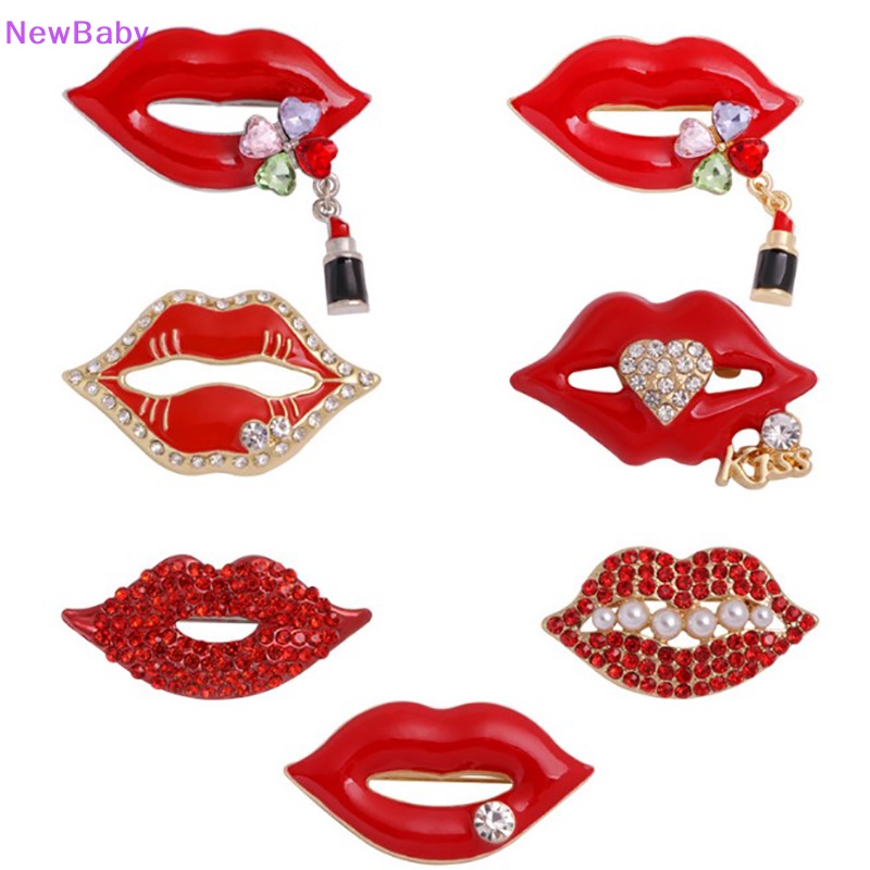 Newbaby Bros Bibir Berlian Imitasi Warna Merah Untuk Wanita Sexy Mulut Brooch Pin Perhiasan Bersinar ID