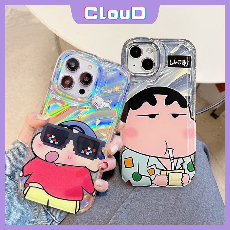 IPHONE Case Kompatibel Untuk Iphone11 14 12 13 Pro MAX Se2020 7Plus XR XS X Max6 6S 8plus Kacamata Hitam Keren Crayon Shin-Chan 3D Stereo Corrugation Mewah Kartu Laser Dazzle Warna Soft Case