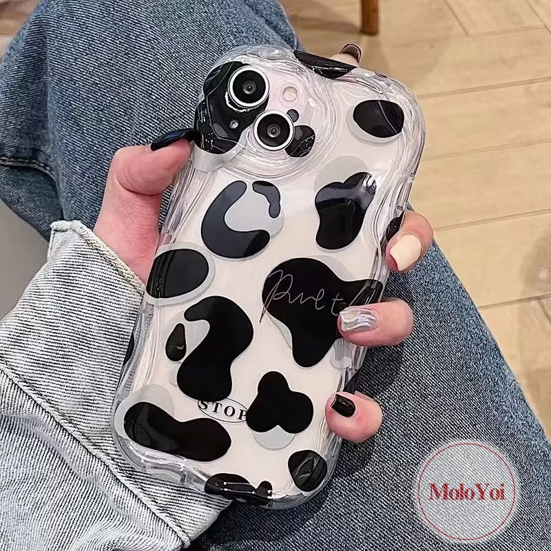 Case Motif Leopard Hitam Putih Simple Kompatibel Untuk IPhone 7Plus XR X XS Max11 12 13 14 Pro Max7 6 8 6s Plus SE 2020 3D Wavy Curved Edge Soft Cover