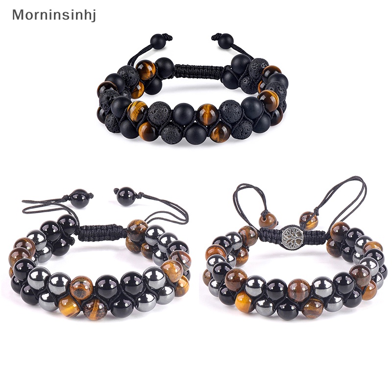 Mornin Double Layers Tiger Eye Agate Bracelet Braided Adjustable Black Magnet Yoga Beads Bracelet Untuk Pria Hadiah Perhiasan Kreatif id
