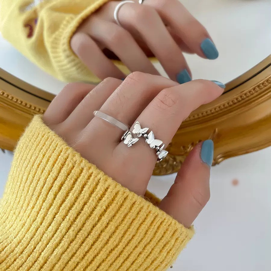 Roselife Korea Glossy S925 Perak 3D Terkait Kupu-Kupu Terbuka Cincin Untuk Wanita Perempuan Trendi Jari Rings Adjustable Fashion Jari Manset Perhiasan Aksesoris