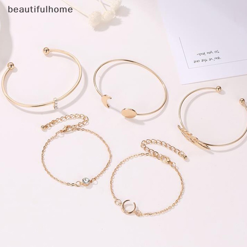 {beautifulhome} 5pcs /set Bohemian Emas Daun Bulan Terbuka Gelang Wanita Pantai Bangle Perhiasan Hadiah.