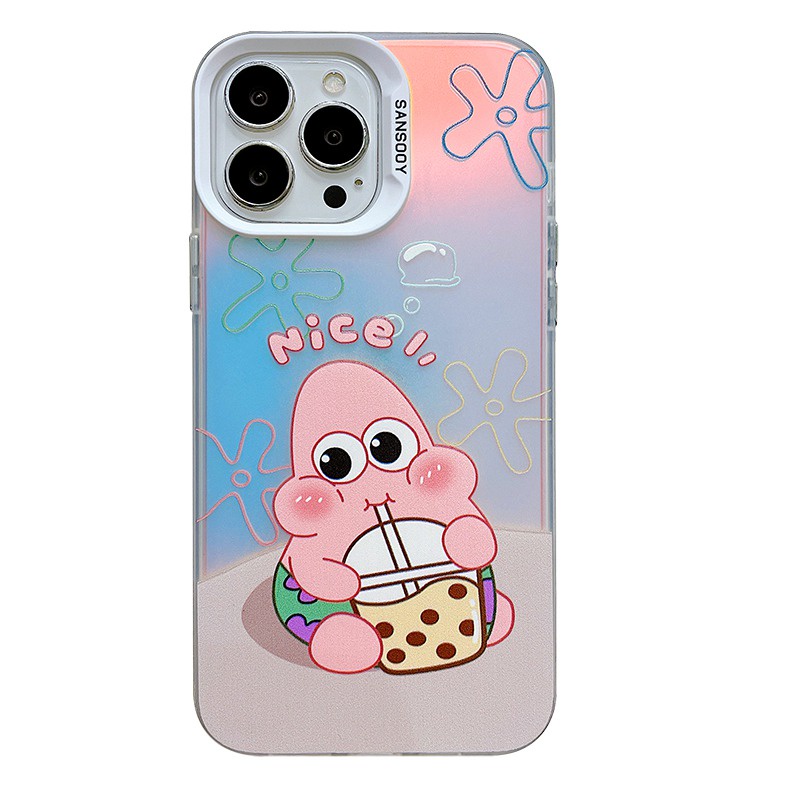 【Laser colorful】So Cute IMD high quality Milk Tea SpongeBob Hard Case for IPhone 11 12 13 14 Pro Max Women Girl Lovely Cartoon