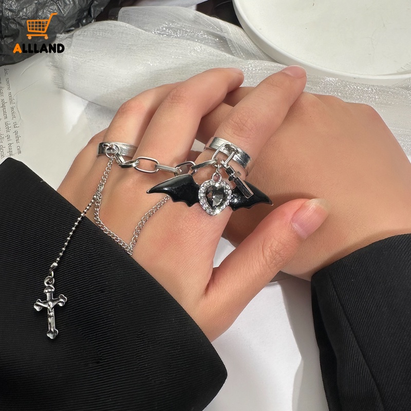 Fashion Y2K Alloy Berlian Imitasi Pembukaan Cincin/ Gothic Manis Keren Salib Gelap Cincin/ Harajuku Setan Sayap Rantai Liontin Jari Cincin Perhiasan