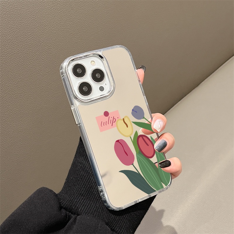 IPHONE Casing Ponsel Cermin Tulip Kartun Bunga Kompatibel Untuk Iphone11 12 13 14 12Pro 13Pro 14Pro Pro Max XR X XS Max Electroplating Tombol Perlindungan Mirror Cover