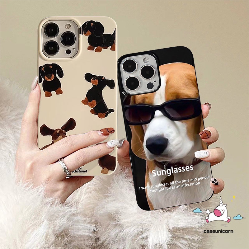 IPHONE Fashion Gaya Korea Kartun Anjing Lucu Doodle Tag Case Kompatibel Untuk Iphone11 13 XR X14 12 Pro Max 7 8 Plus XS Max SE 2020 Glossy Shockproof Kartun Kacamata Hitam Anjing Keren Soft Case