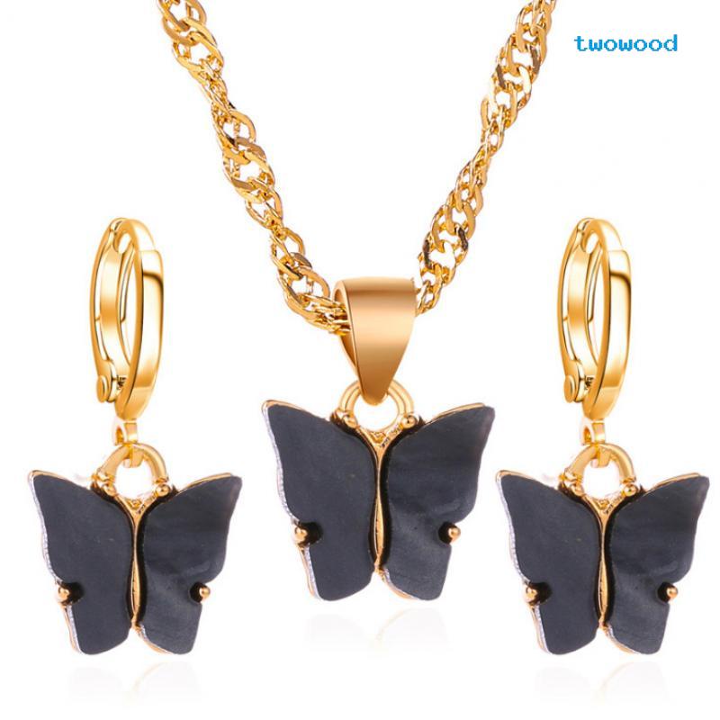 Twowood Butterfly set Kalung Anting Hewan Serangga Kecil Segar Dan Manis