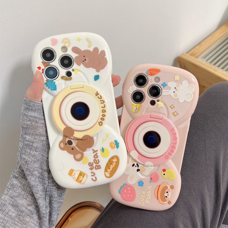 【Bow Mirror】So Cute Silicone SoftCase IPhone 11 12 13 14 Pro Max Women's Fashion Gift Phone Case Brand Gift Pink Rabbit Bear Makeup