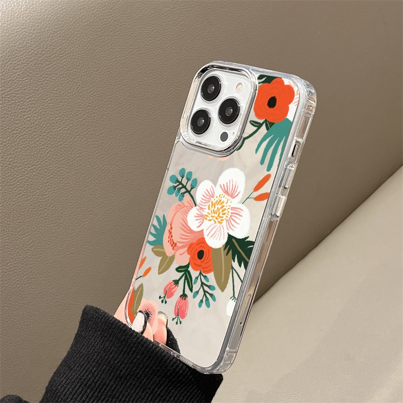 IPHONE Lukisan Bunga Cermin Ponsel Case Kompatibel Untuk Iphone11 12 13 14 12Pro 13Pro 14Pro Pro Max XR X XS Max Electroplating Tombol Perlindungan Mirror Cover
