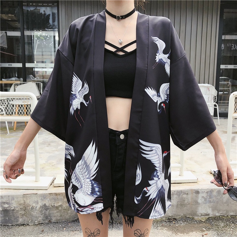 Cetak Derek Hitam Dan Putih Kimono Pantai Pria Dan Wanita Longgar Kardigan Harajuku Jepang Haori Unisex