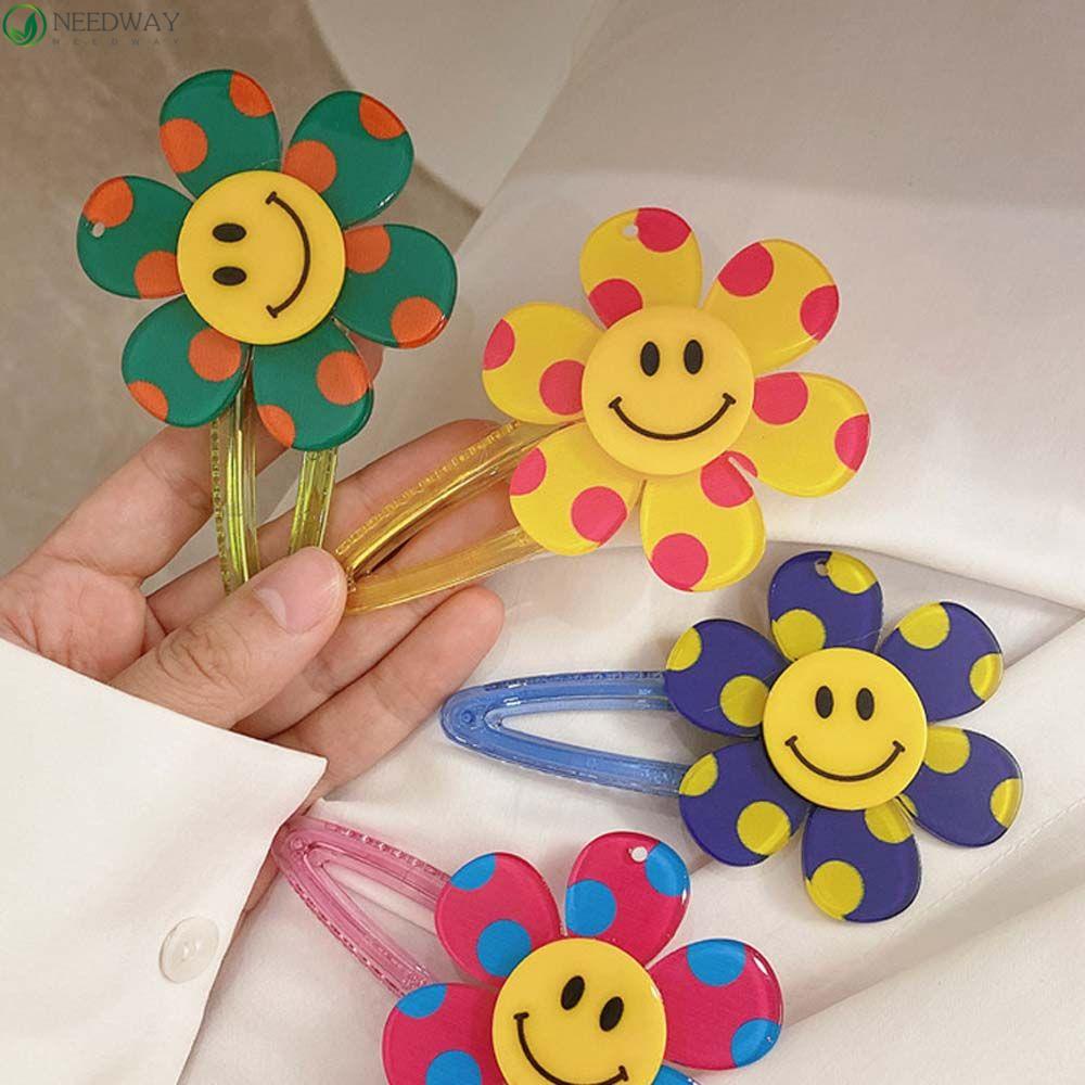 NEEDWAY Jepit Rambut Wanita Lucu Indah Akrilik Poni Samping Klip Poni Clip Sun Flower Smile Face Gaya Korea