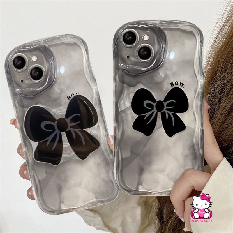 IPHONE Ins Korea 3D Fantasy Ikatan Simpul Cream Smudge Holder Bracket Ring Holder Case Kompatibel Untuk Iphone11 14 12 13 Pro Max6 6s 8 7 Plus XR XS X Max SE 2020 3D Wavy Curved Edge Case