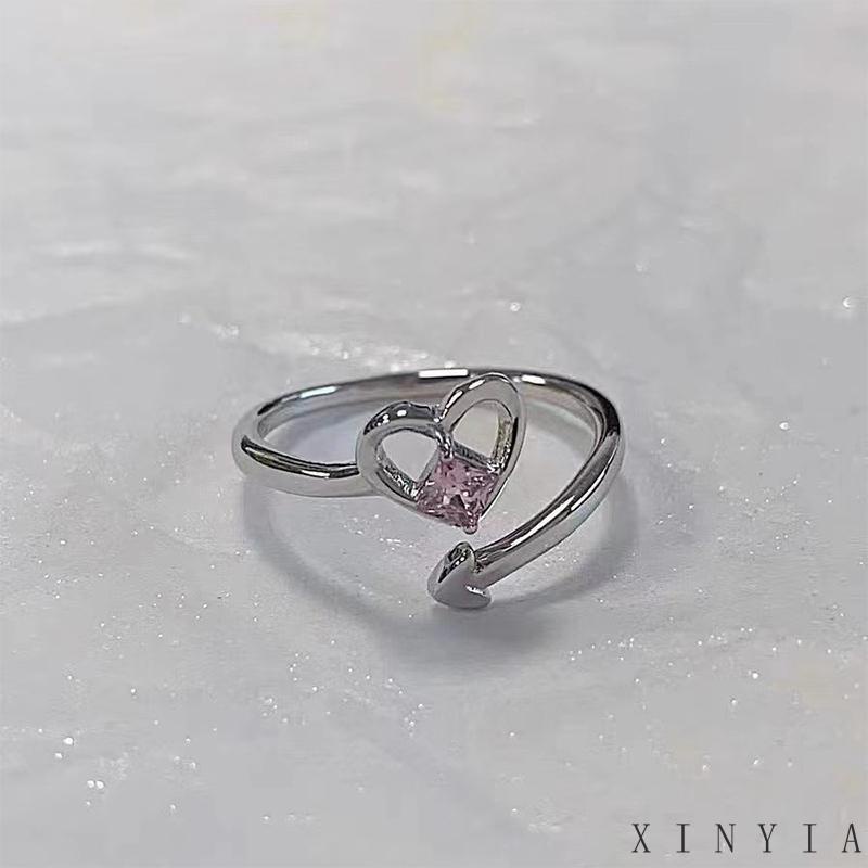 pink Berlian Imitasi Jantung Cincin Perempuan Ins Mulut Terbuka Cincin Pasangan Mahasiswa Kreatif Cincin