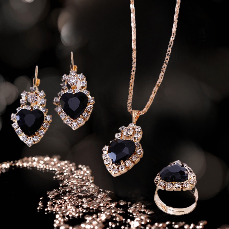 Kalung Liontin Anting Cincin Set Untuk Wanita Gadis Fashion Berlian Imitasi Cinta Hati Kristal Perhiasan Leher Rantai Telinga Cincin Emas Pribadi Penuh Berlian Klip Telinga Hadiah Untuk Her