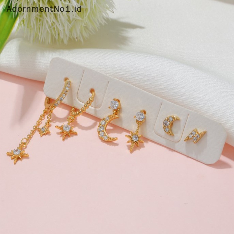 [AdornmentNo1] 6pcs campuran Zircon kristal bulan bintang Set anting Stud untuk wanita perhiasan warna emas