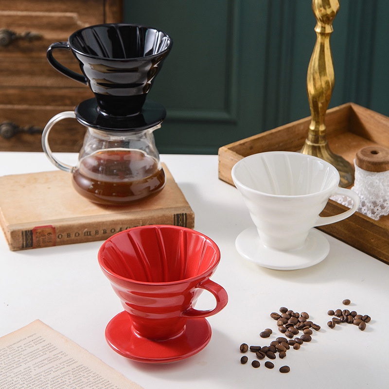 ღ Keramik Cangkir Penyaring Kopi Seduh Tangan Dapat Digunakan Kembali V60 Filter Meruncing Penyaring Tetes Berulir Cangkir Kopi Penyangga Terpisah untuk 1-4 Cangkir