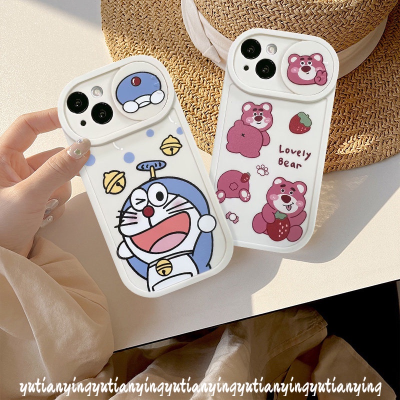 Strawberry Bear Lotso Cartoon Funny Dinosaur Camera Lens Protector Case Compatible for IPhone XR XS X Max 11 13 12 Pro Max 7Plus 8Plus Push Pull Window Lovely Doraemon Cover