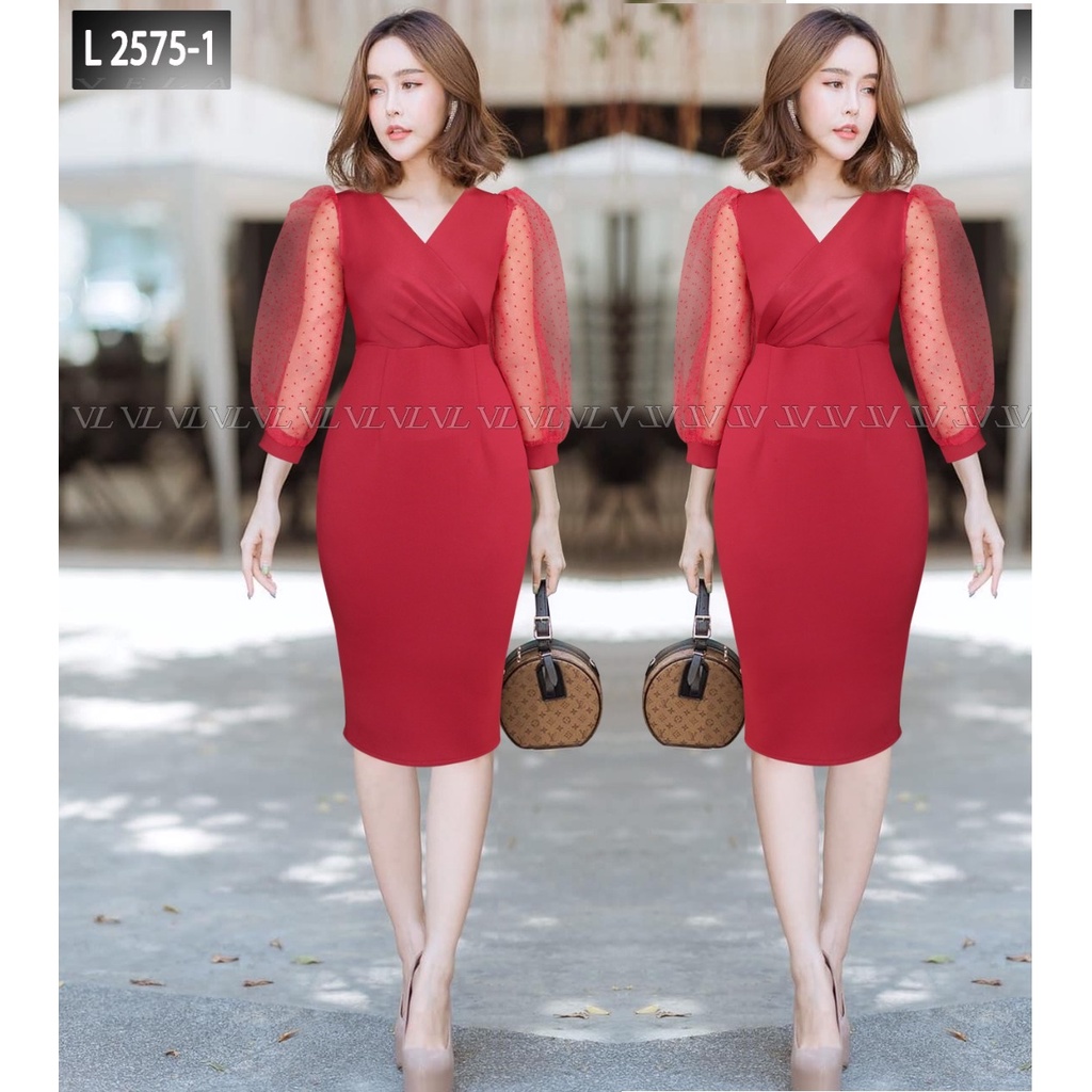 Kimono Dress Wanita Kerah Vneck Tangan Tile Lengan Panjang Puff Bahan Scuba Premium