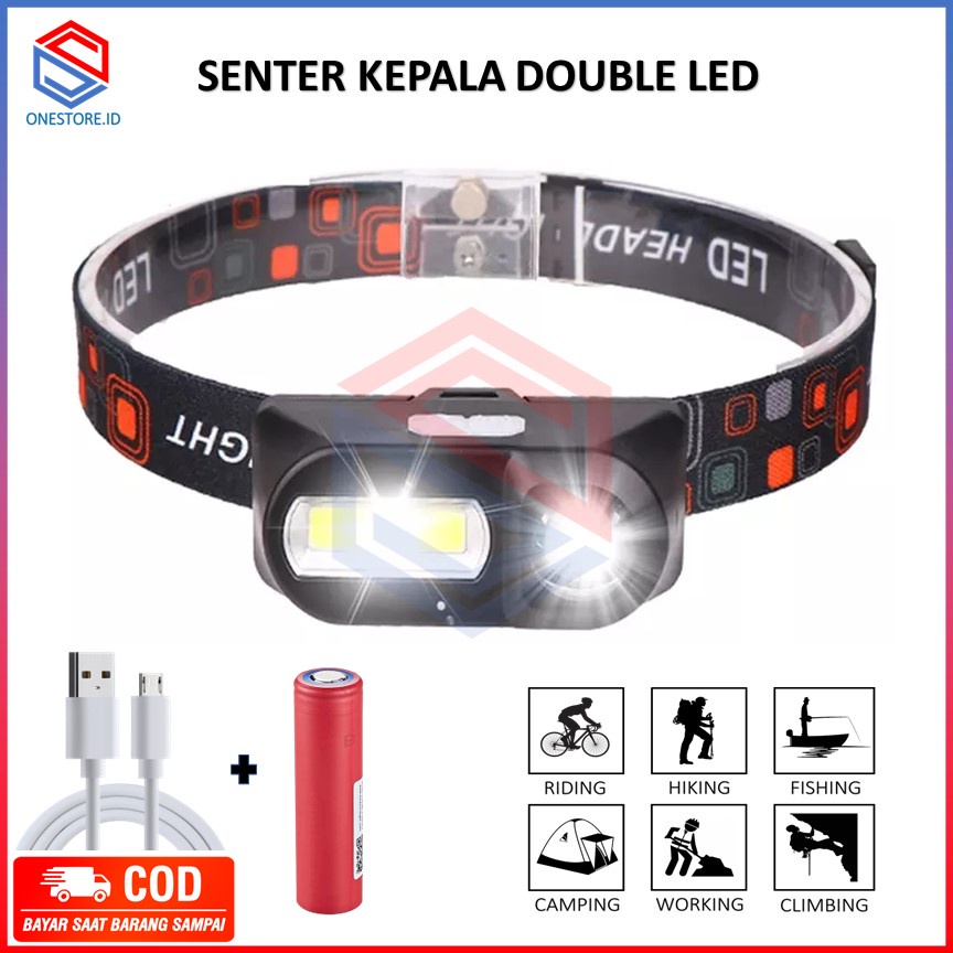 Senter KepalaLED Sistem Cas USB  Headlamp 3 MODE LED COB + XPE Camping Outdoor Super Terang Rechargeable