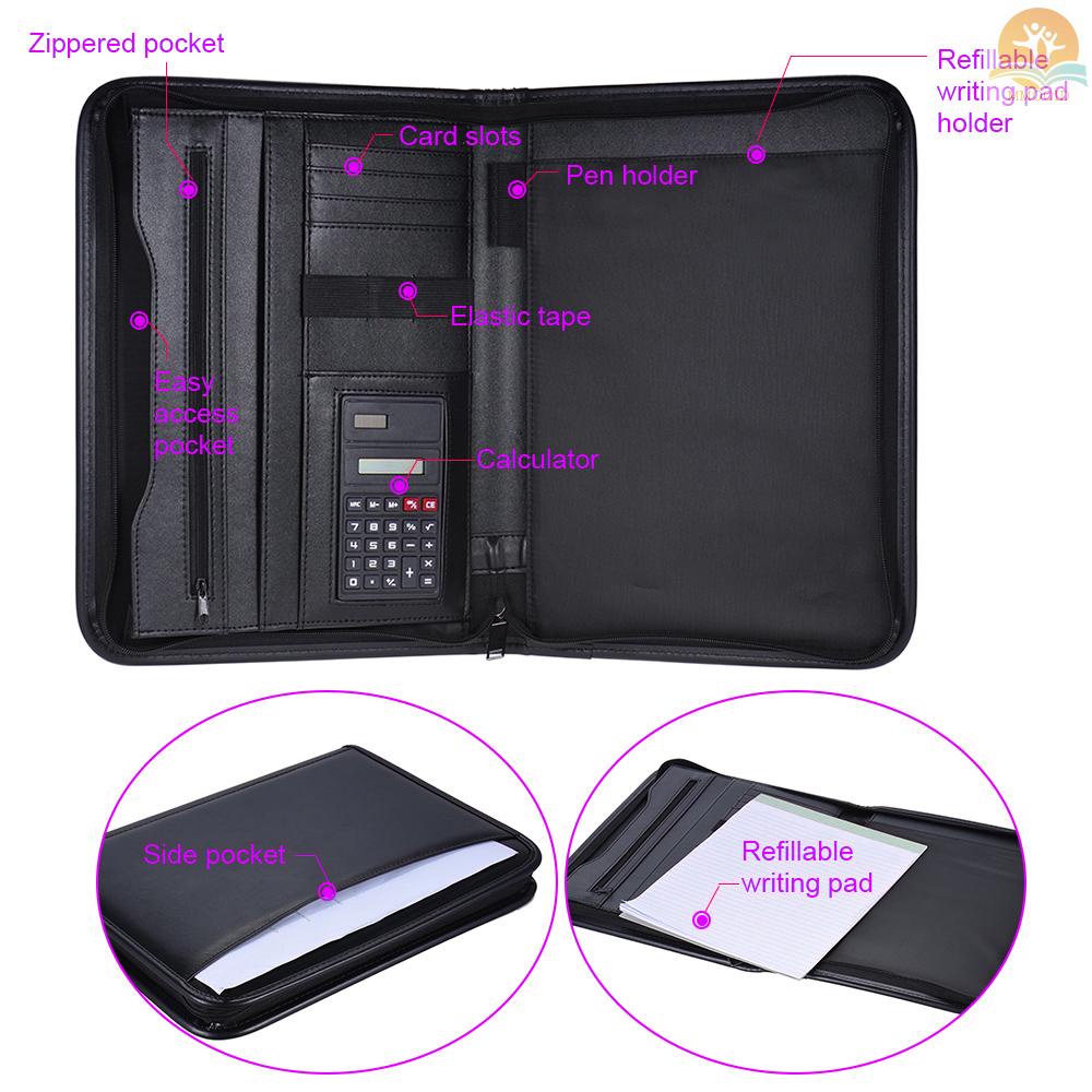 In Stock Multifungsi Bisnis Profesional Ritsleting Portfolio Padfolio Folder Dokumen Case Organizer A4 Kulit PU Dengan Kalkulator Tempat Kartu Nama Memo Note Pad