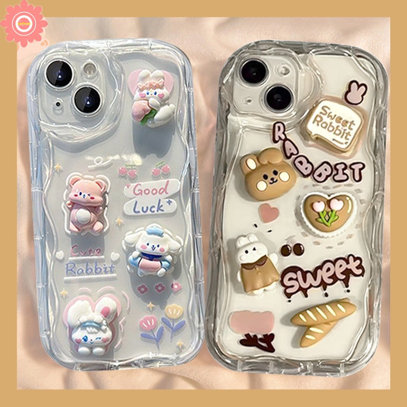 IPHONE Casing Ponsel Boneka Sterik 3D Kompatibel Untuk Iphone11 14 13 12 Pro Max XR X7 6 6s 8plus XS Max SE Beruang Lucu DIY Kartun Kelinci Roti Puppy Doodle 3D Wavy Curved Edge Soft Cover