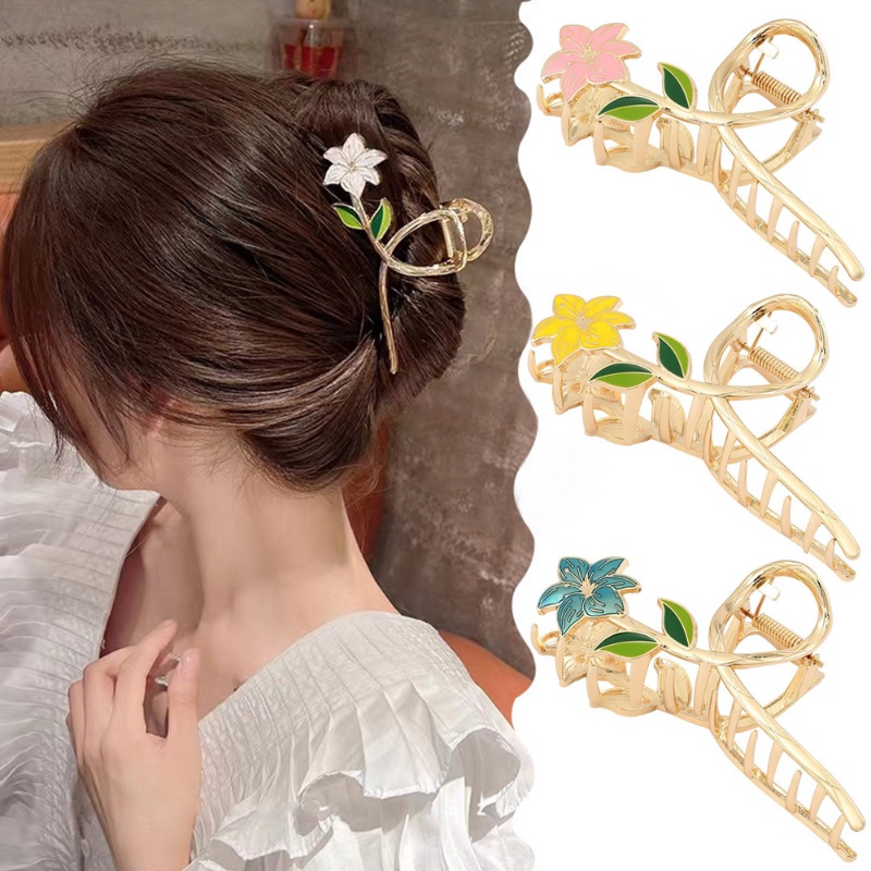 Hadiah Cakar Rambut Pesta Pernikahan Sederhana Gadis Populer Daun Hijau Ponytail Holder Aksesoris Rambut Korea INS Gaya Wanita Elegan Bunga Lily Besar Emas Hiu Rambut Klip