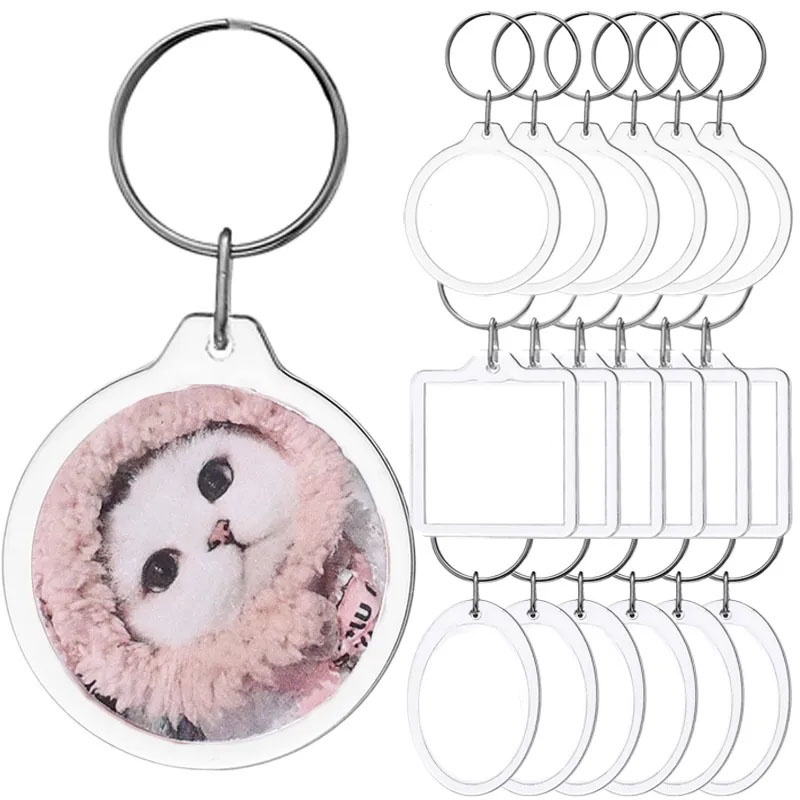 Split Ring Key Ring Custom Round Square Keyring Wanita Transparan Insert Foto Gantungan Kunci Pasangan Hadiah Akrilik Bening Kosong Bingkai Foto Pria Kreatif Gantungan Kunci Liontin DIY Untuk Tas